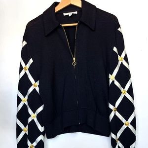 St Johns Long Sleeve Zip Black knit Jacket with Ribbon Detail